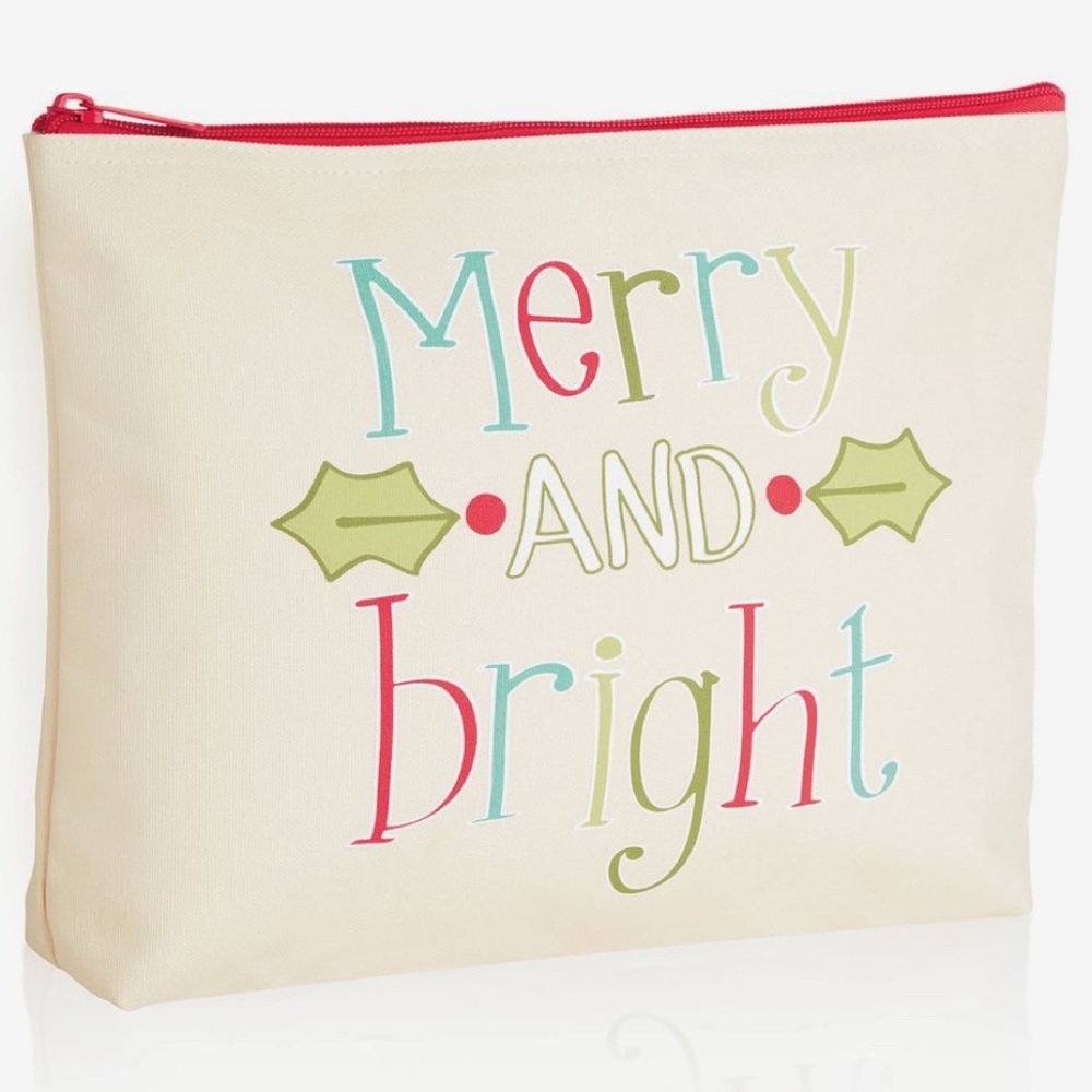 Thirty-One Merry and Bright Pouch - Cream with Red and Green Accents